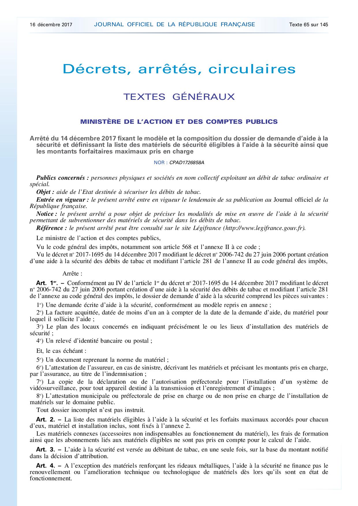 premiere page du decret du 14 decembre 2018 sur les tabacs